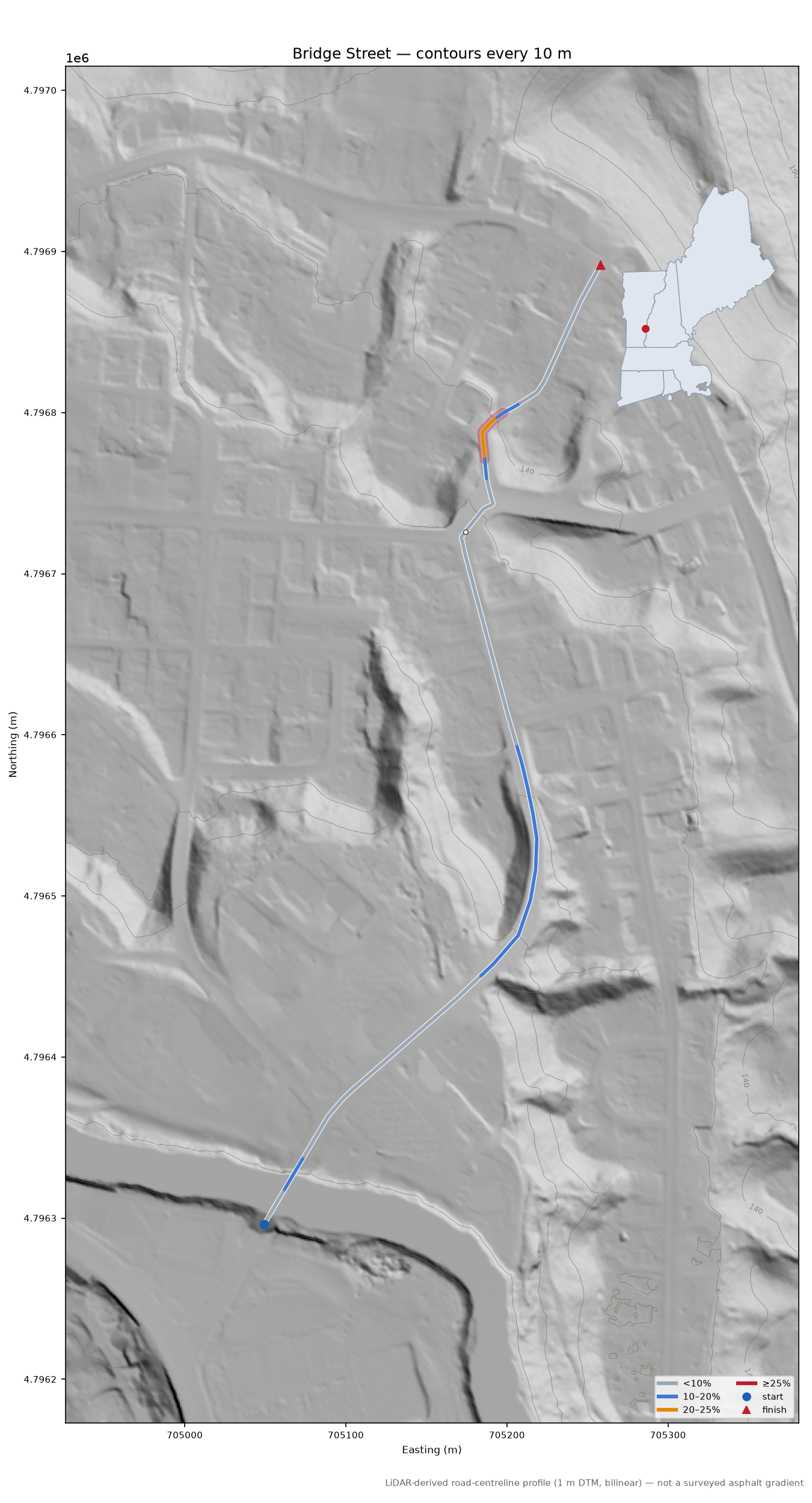 Bridge Street LiDAR hillshade map with contours