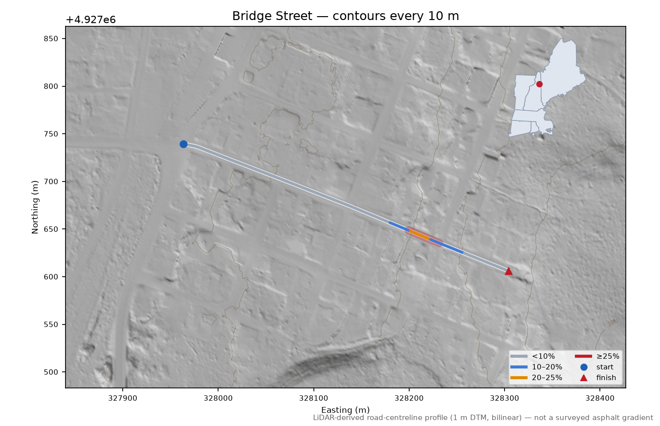 Bridge Street LiDAR hillshade map with contours