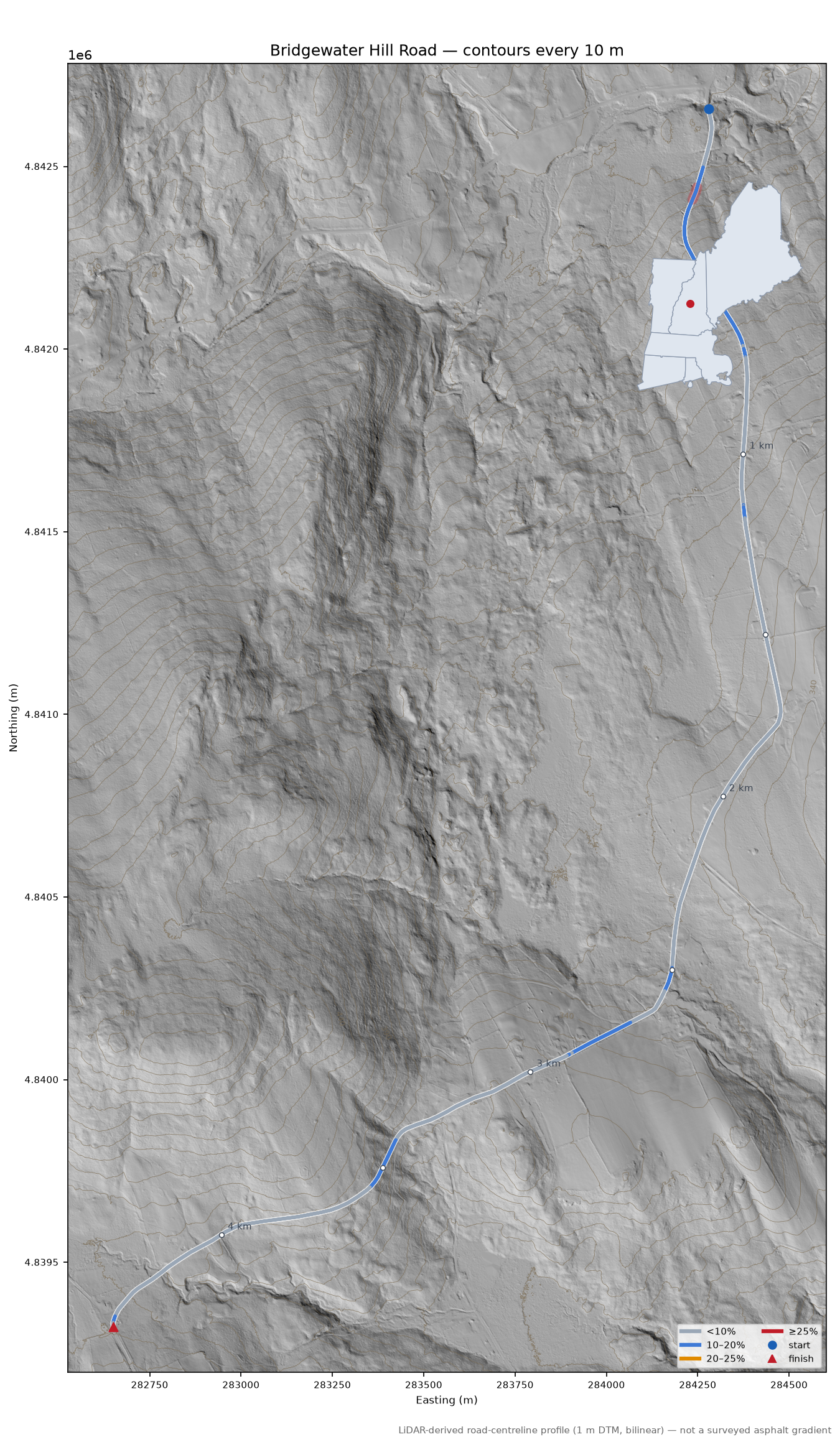 Bridgewater Hill Road LiDAR hillshade map with contours