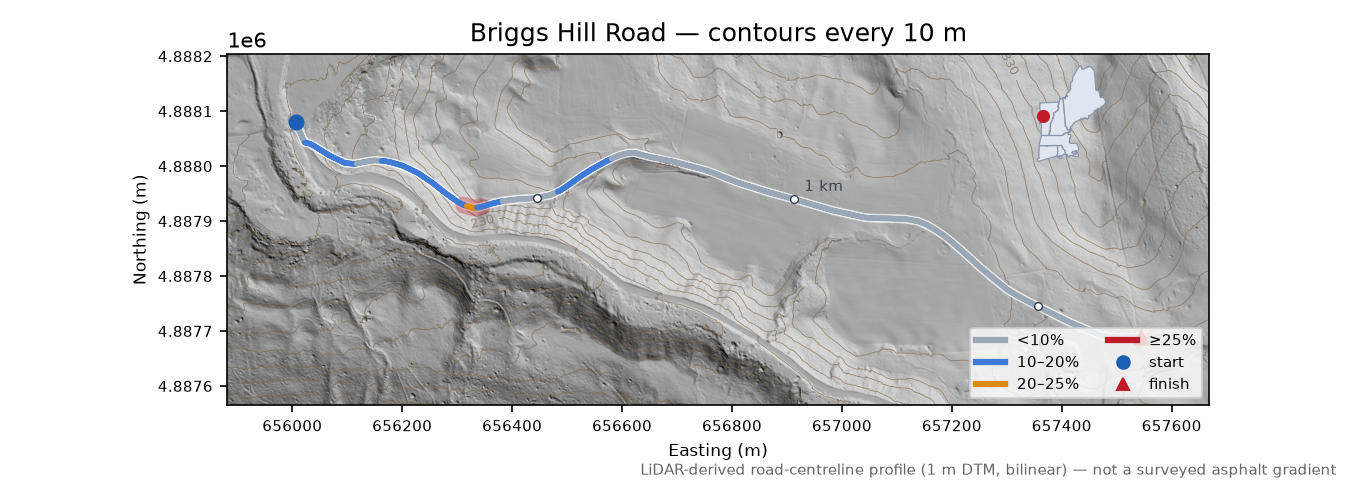 Briggs Hill Road LiDAR hillshade map with contours