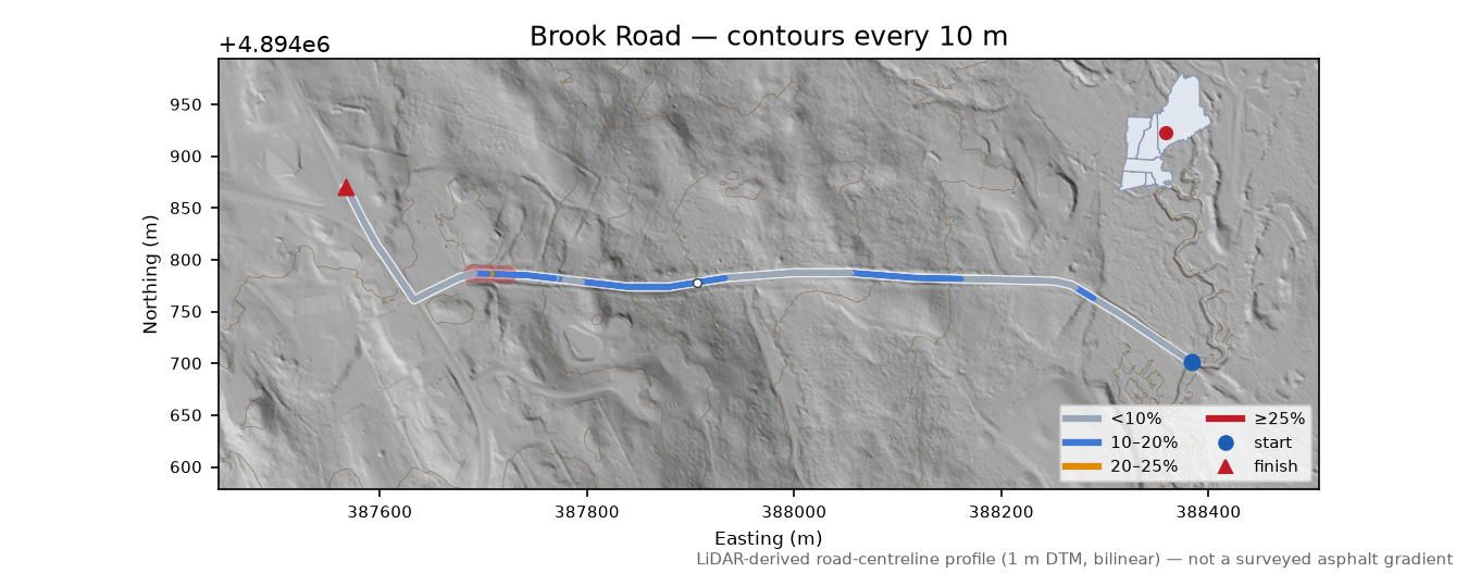Brook Road LiDAR hillshade map with contours