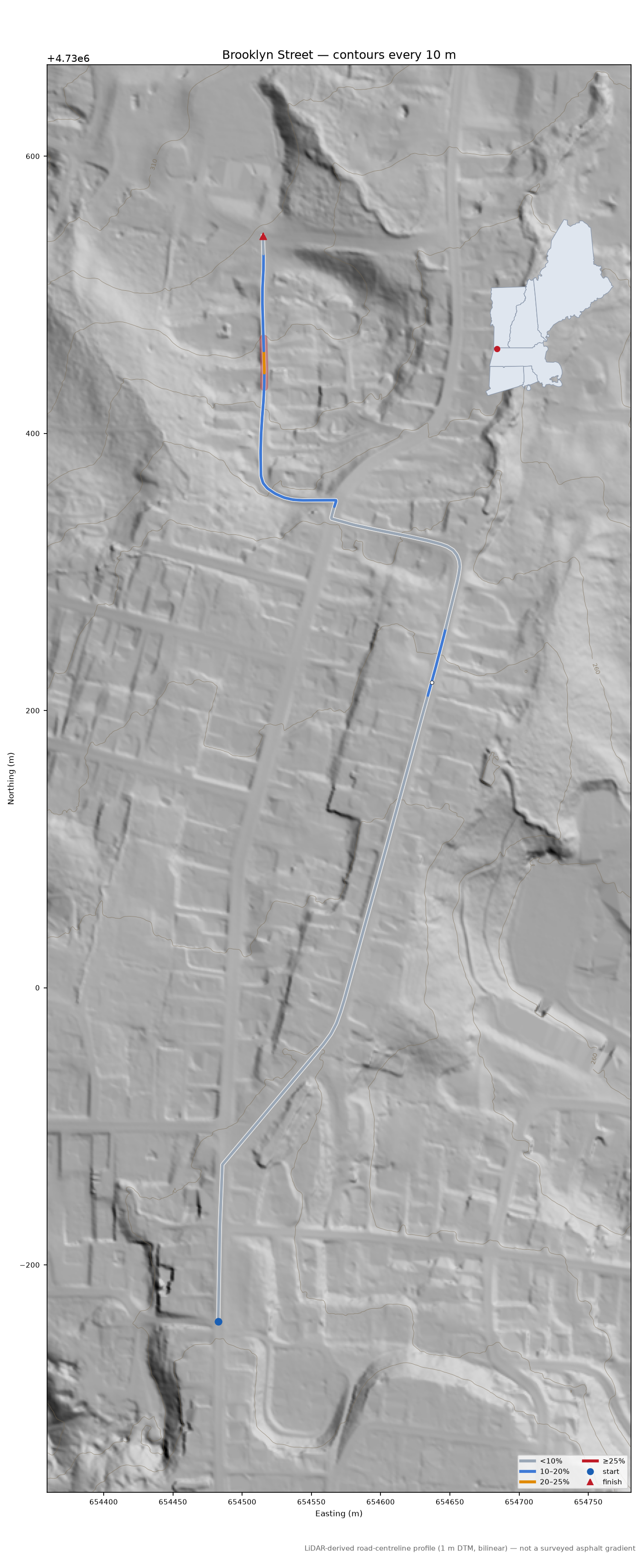 Brooklyn Street LiDAR hillshade map with contours