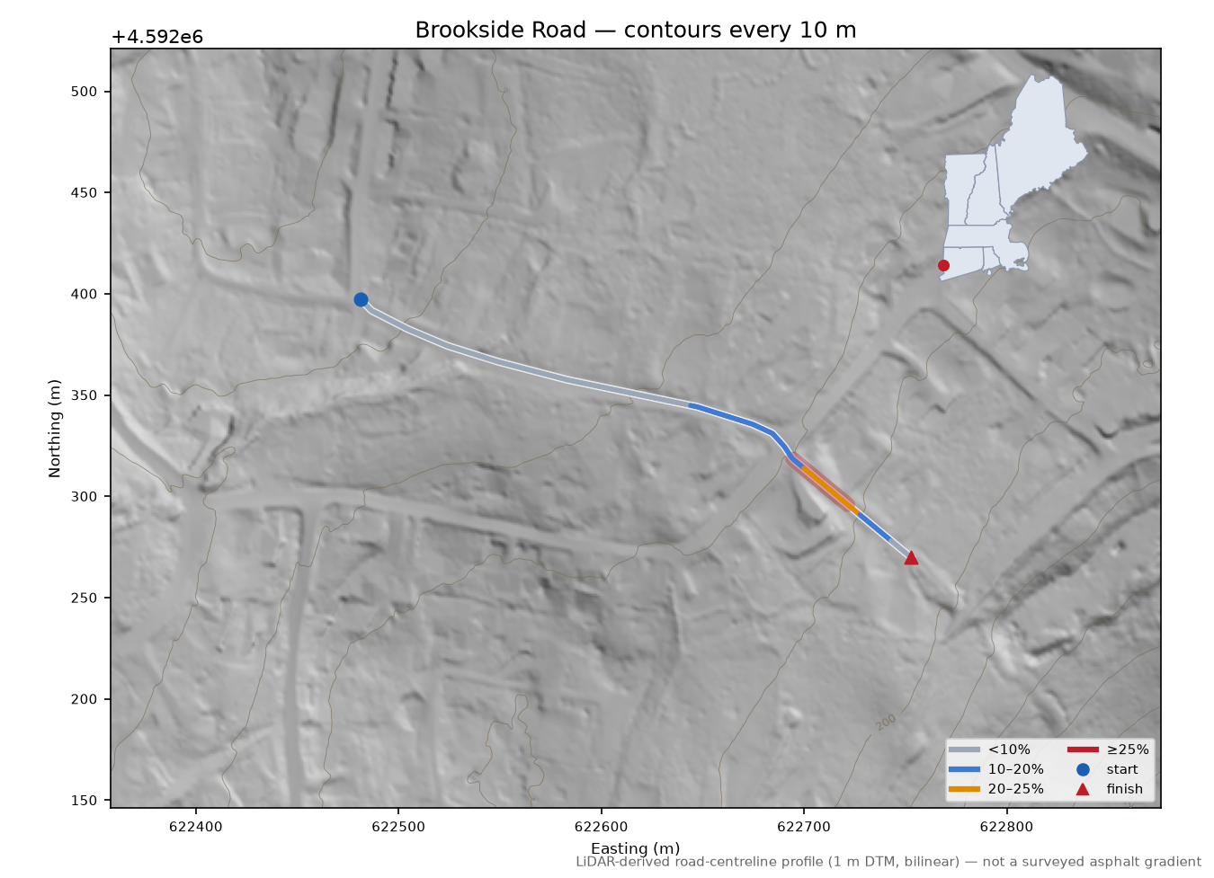 Brookside Road LiDAR hillshade map with contours