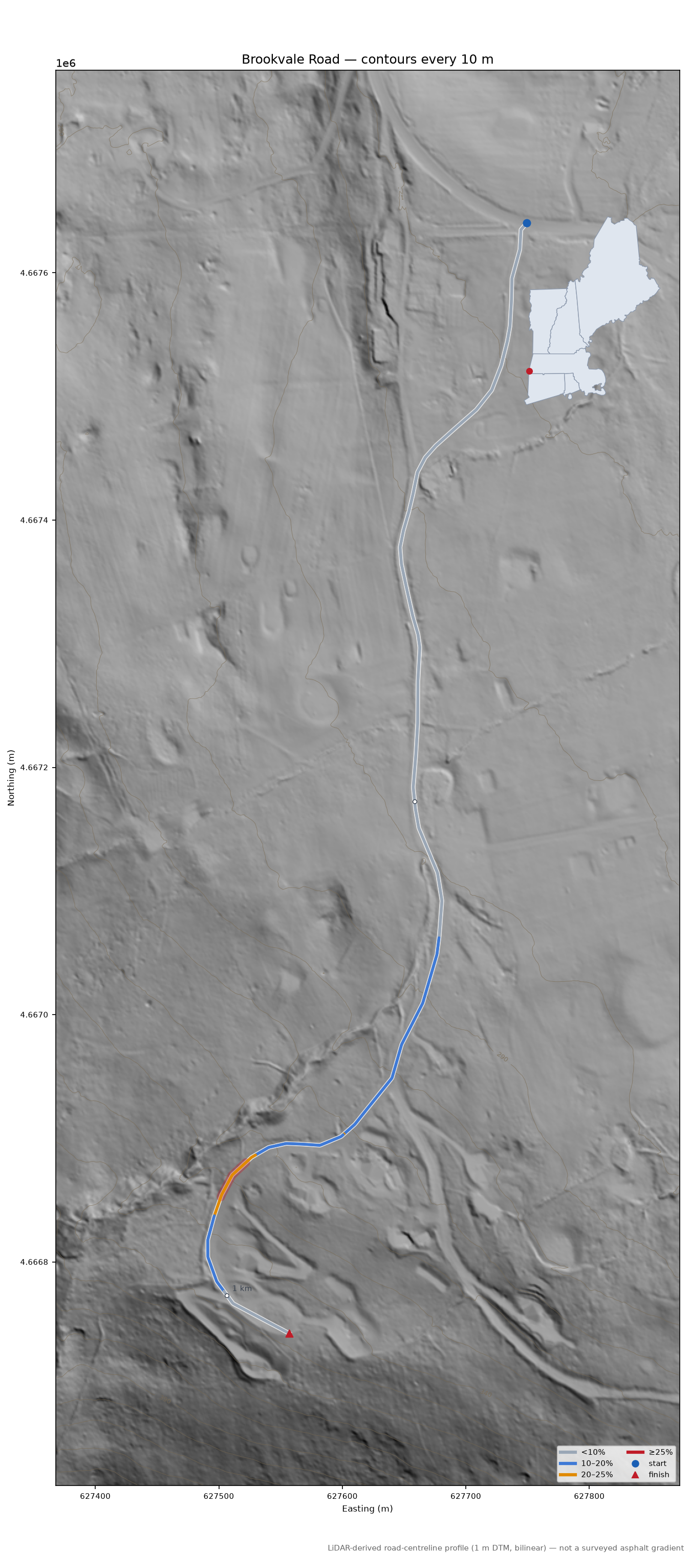 Brookvale Road LiDAR hillshade map with contours