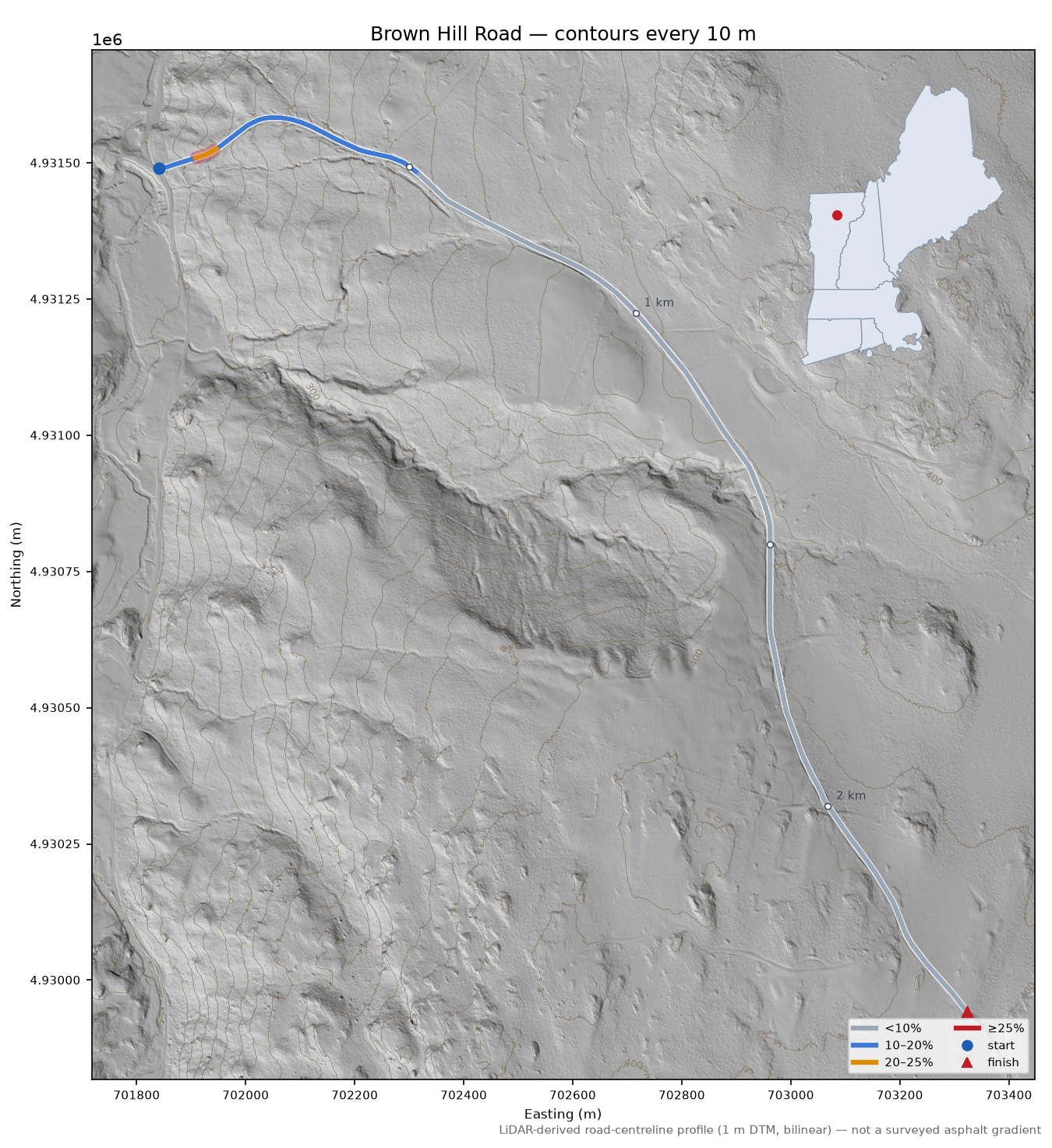 Brown Hill Road LiDAR hillshade map with contours