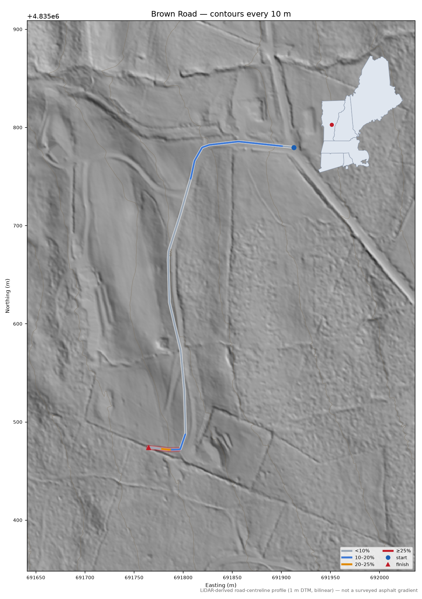 Brown Road LiDAR hillshade map with contours