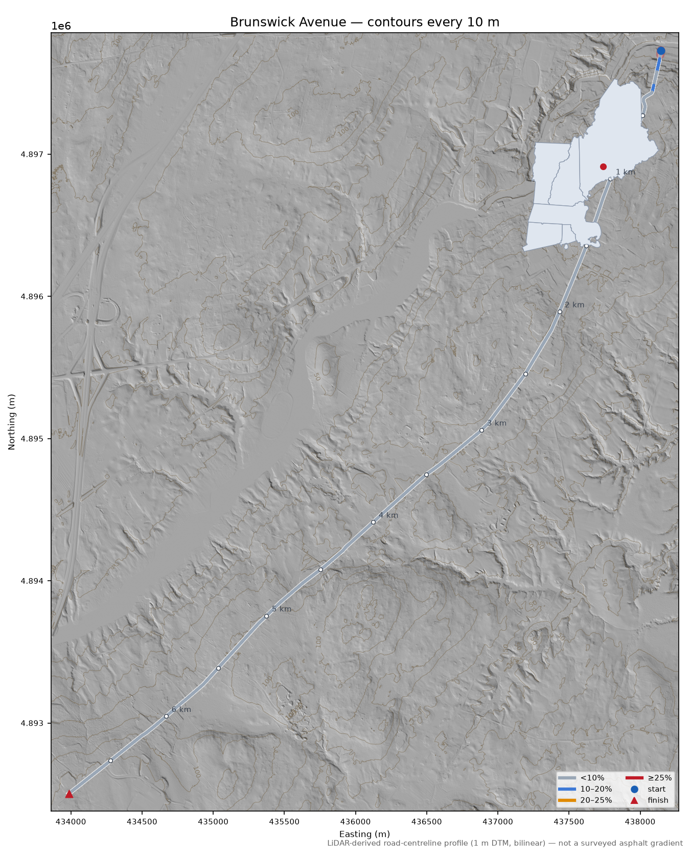 Brunswick Avenue LiDAR hillshade map with contours