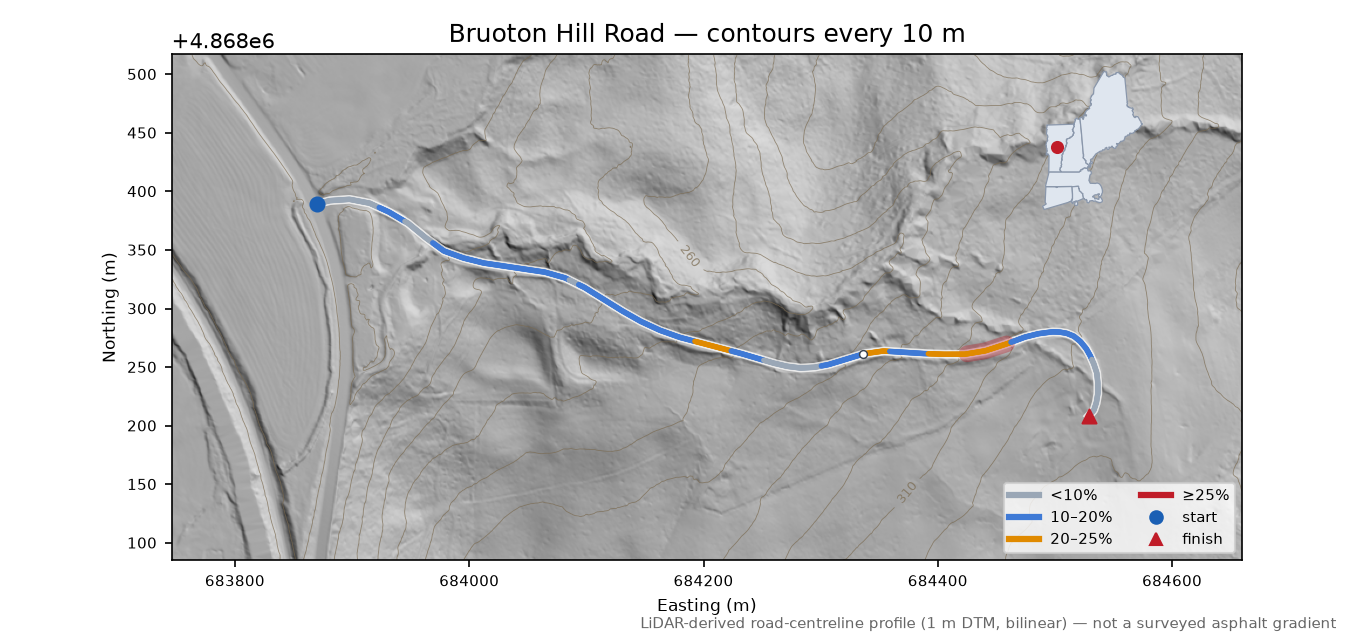 Bruoton Hill Road LiDAR hillshade map with contours