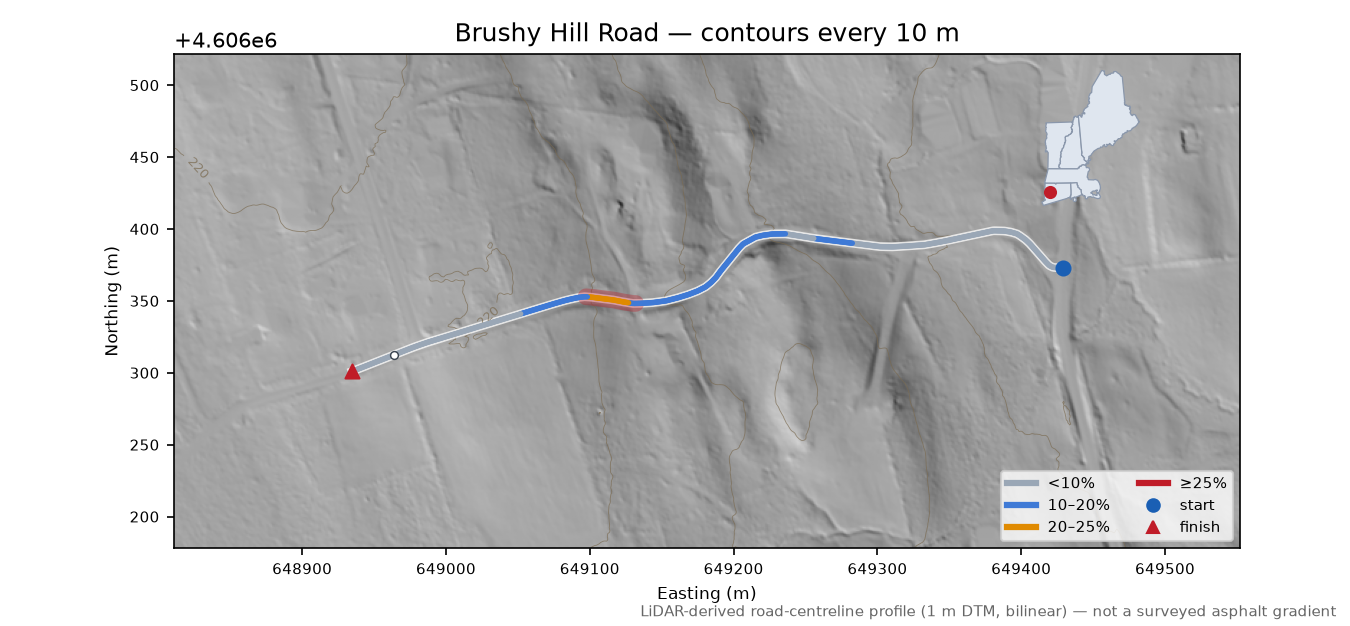 Brushy Hill Road LiDAR hillshade map with contours