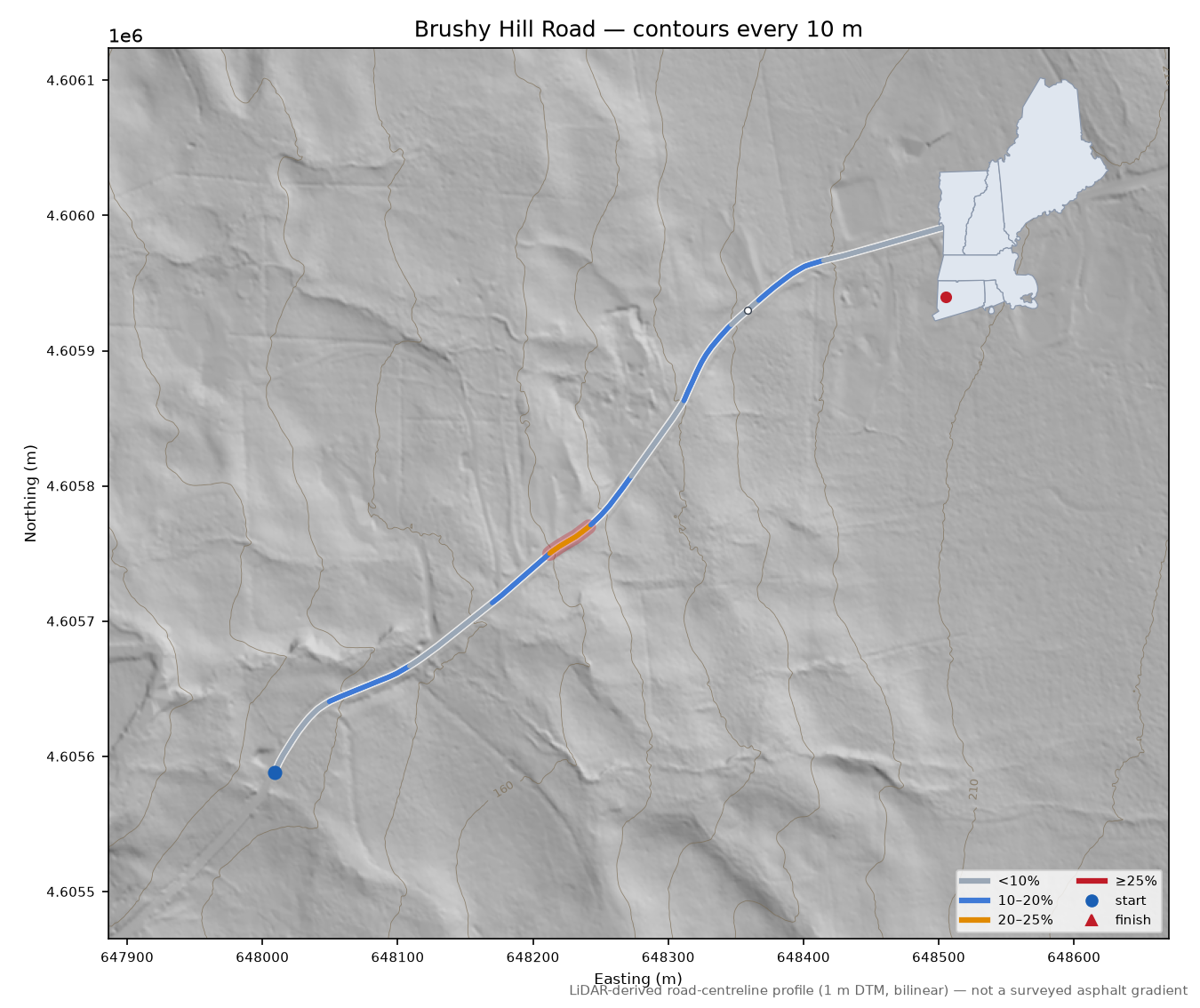 Brushy Hill Road LiDAR hillshade map with contours