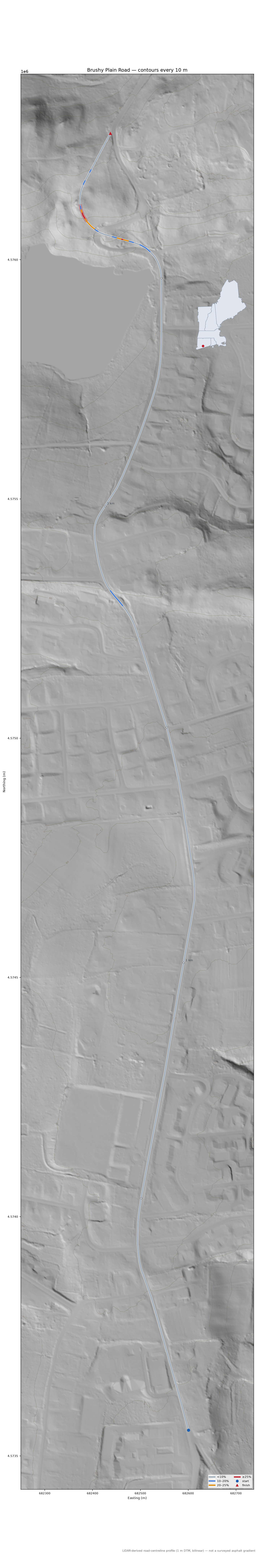 Brushy Plain Road LiDAR hillshade map with contours