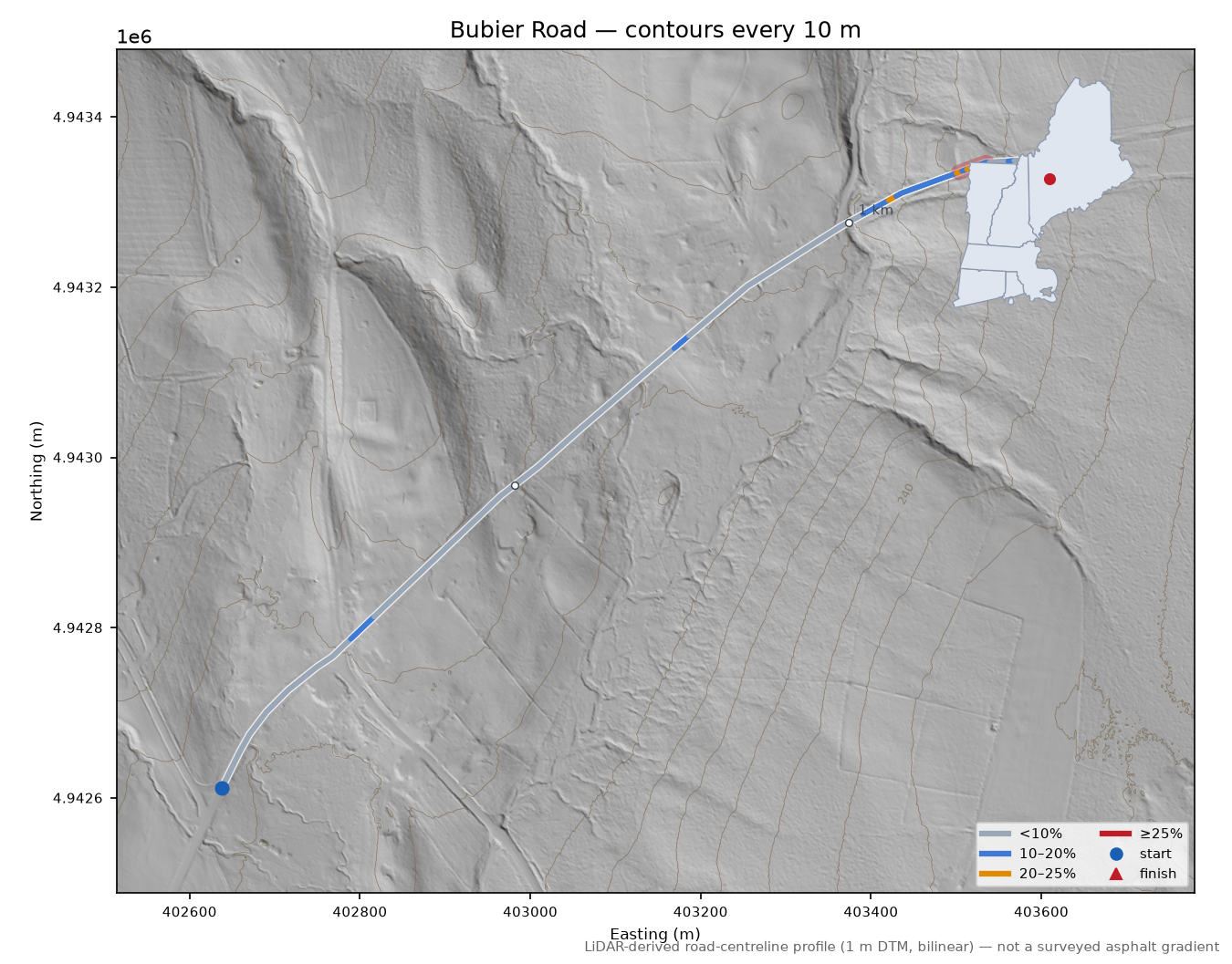 Bubier Road LiDAR hillshade map with contours