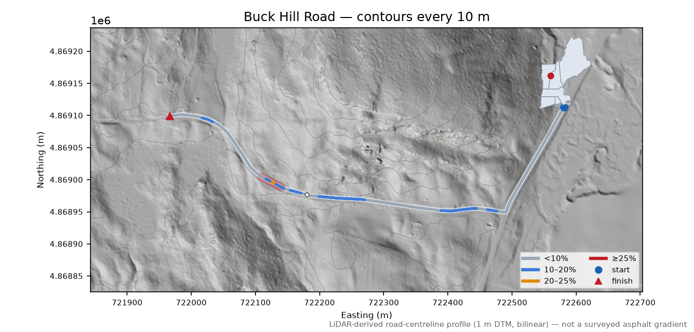 Buck Hill Road LiDAR hillshade map with contours