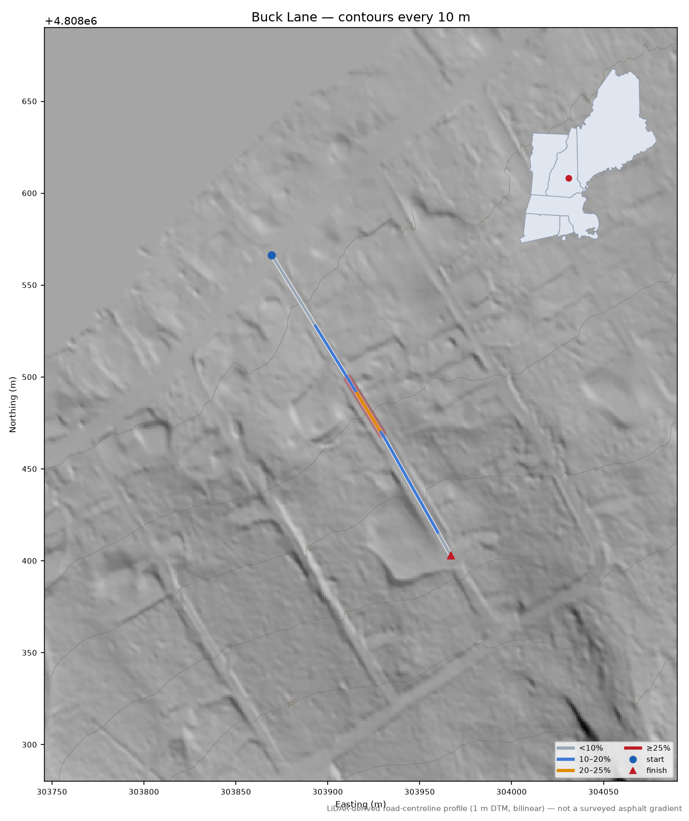 Buck Lane LiDAR hillshade map with contours