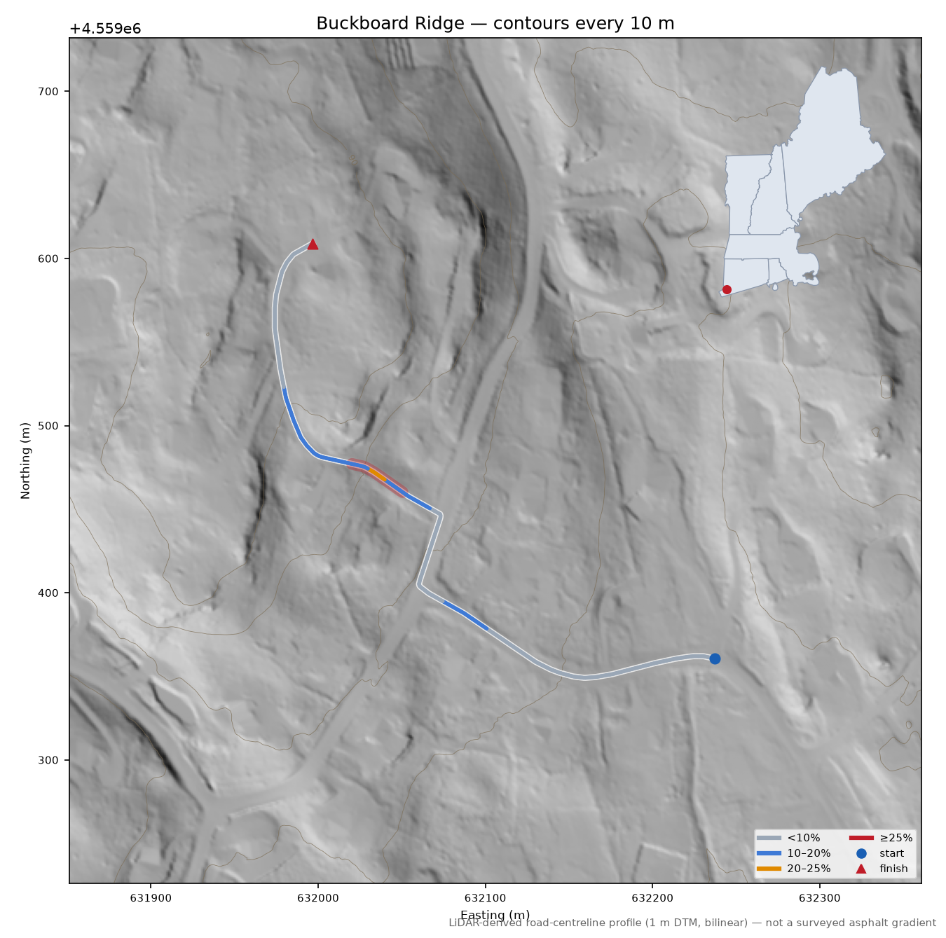 Buckboard Ridge LiDAR hillshade map with contours
