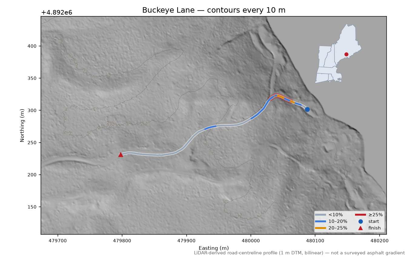 Buckeye Lane LiDAR hillshade map with contours