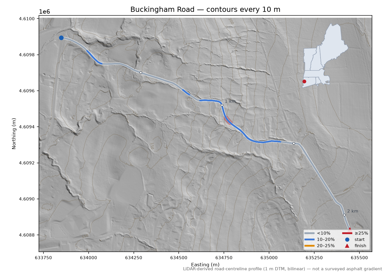 Buckingham Road LiDAR hillshade map with contours