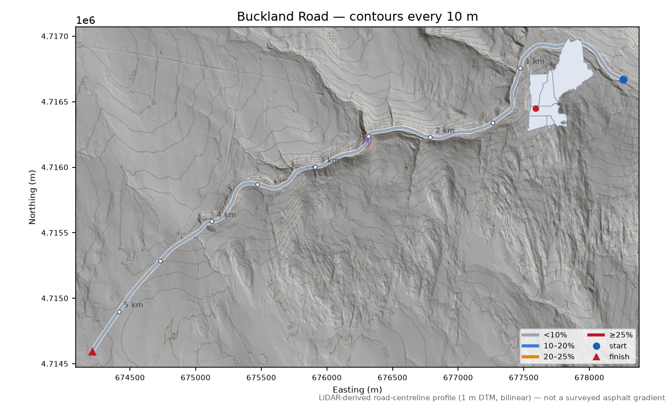 Buckland Road LiDAR hillshade map with contours