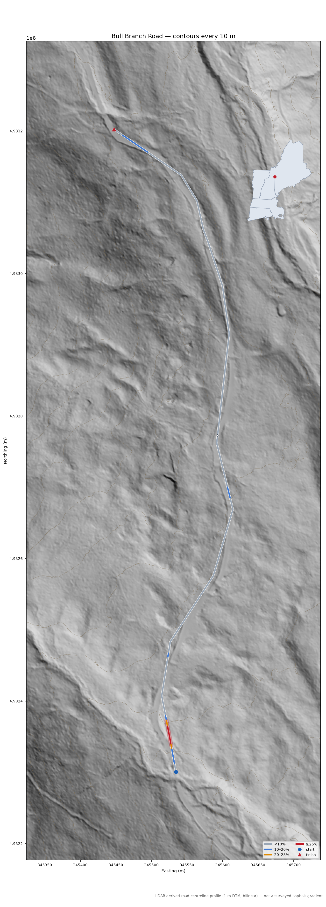 Bull Branch Road LiDAR hillshade map with contours