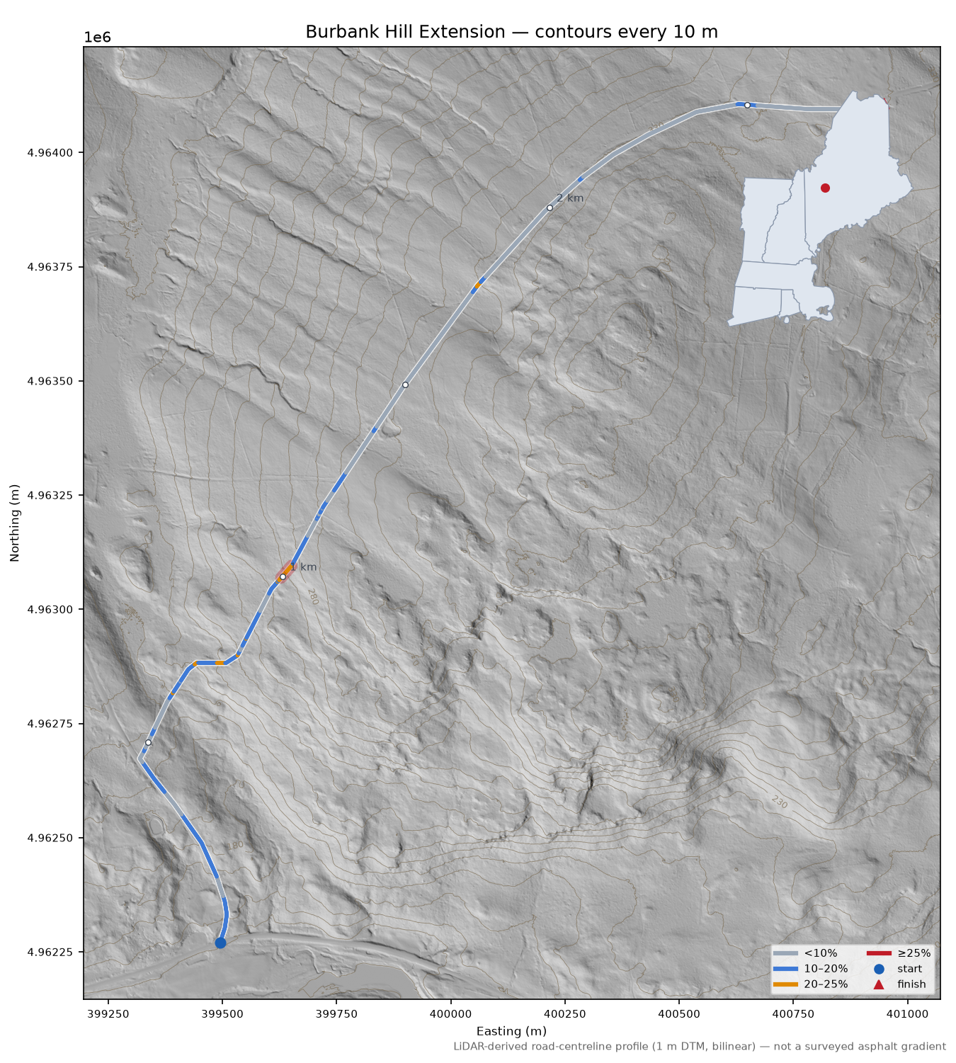 Burbank Hill Extension LiDAR hillshade map with contours