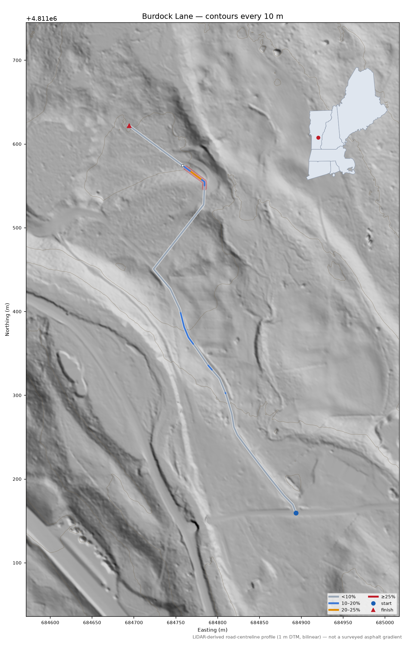 Burdock Lane LiDAR hillshade map with contours