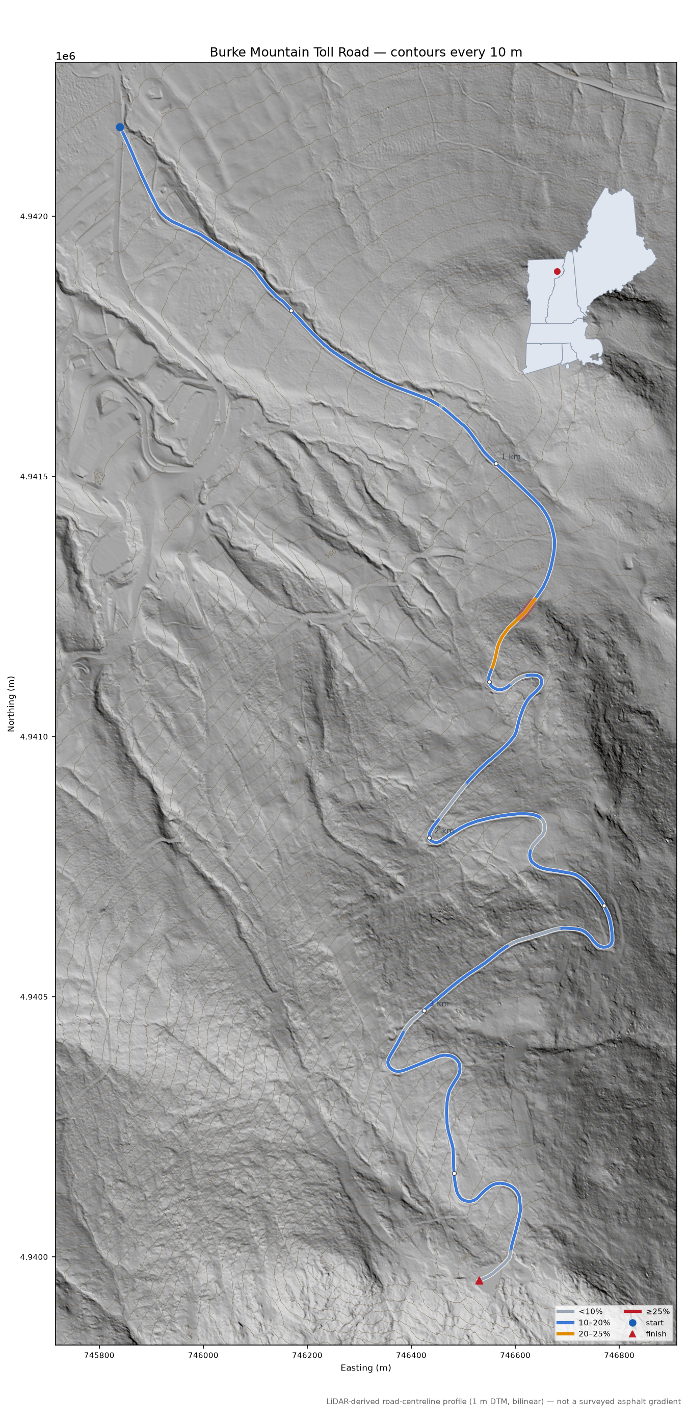Burke Mountain Toll Road LiDAR hillshade map with contours