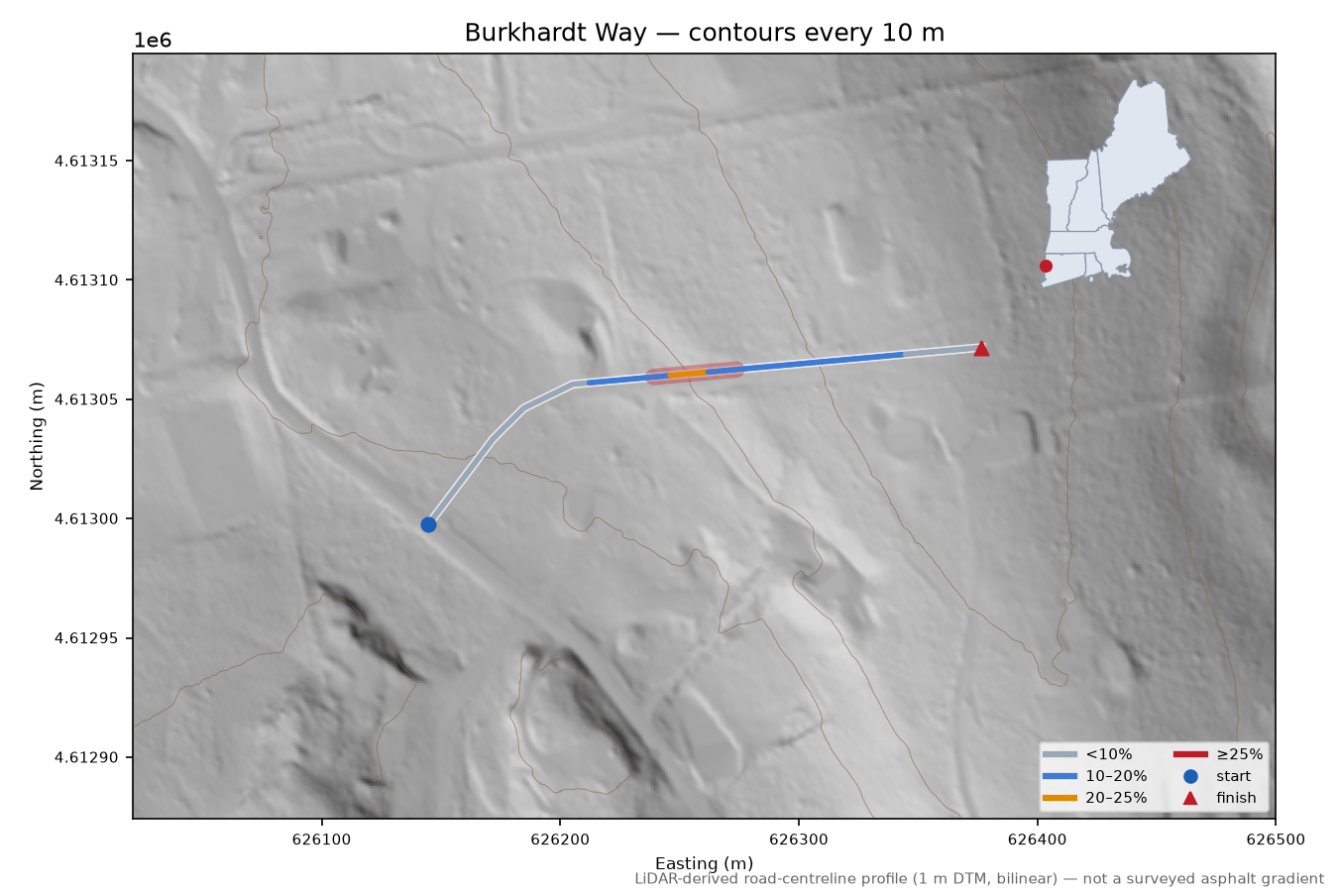 Burkhardt Way LiDAR hillshade map with contours