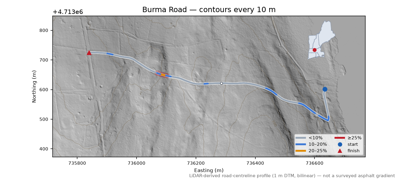 Burma Road LiDAR hillshade map with contours