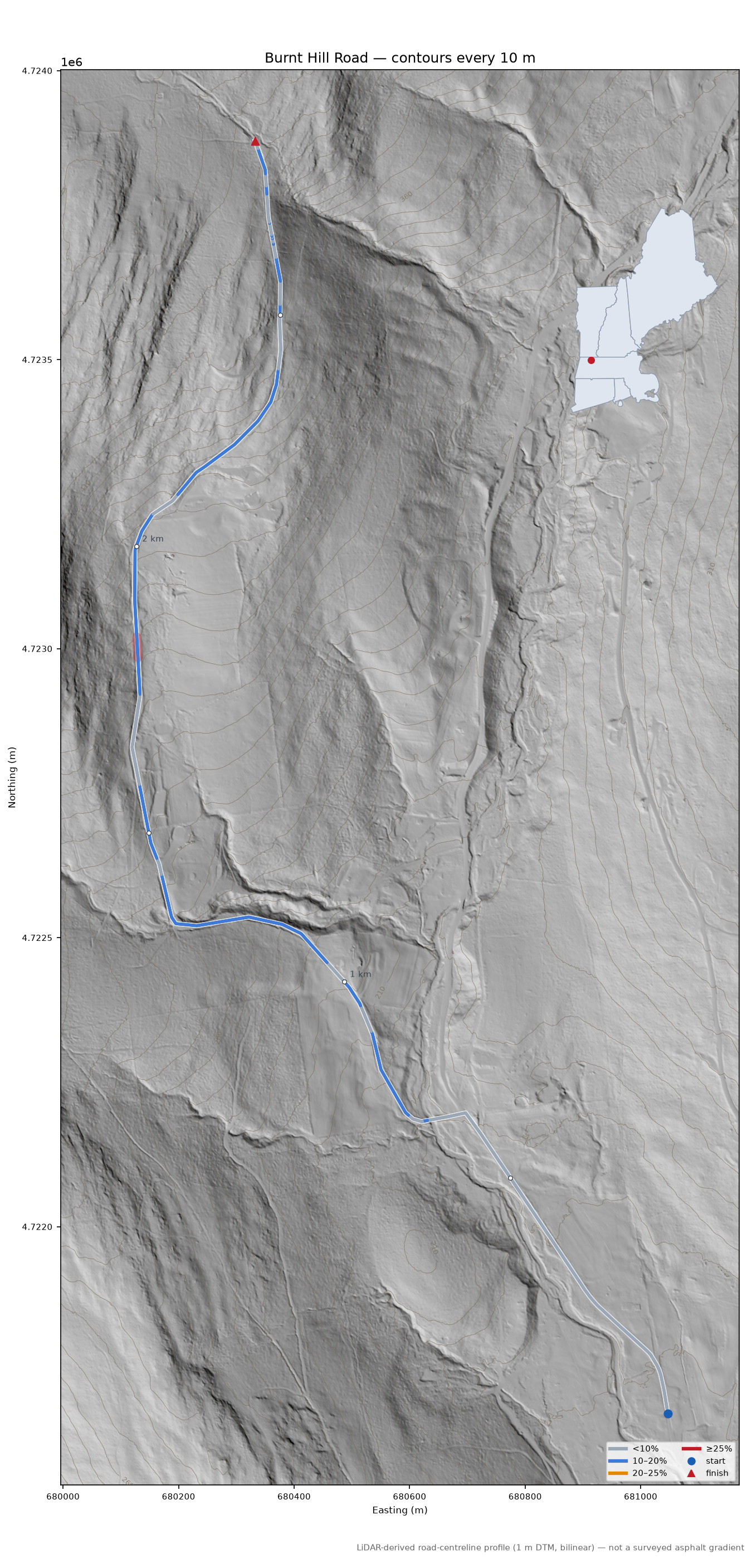 Burnt Hill Road LiDAR hillshade map with contours