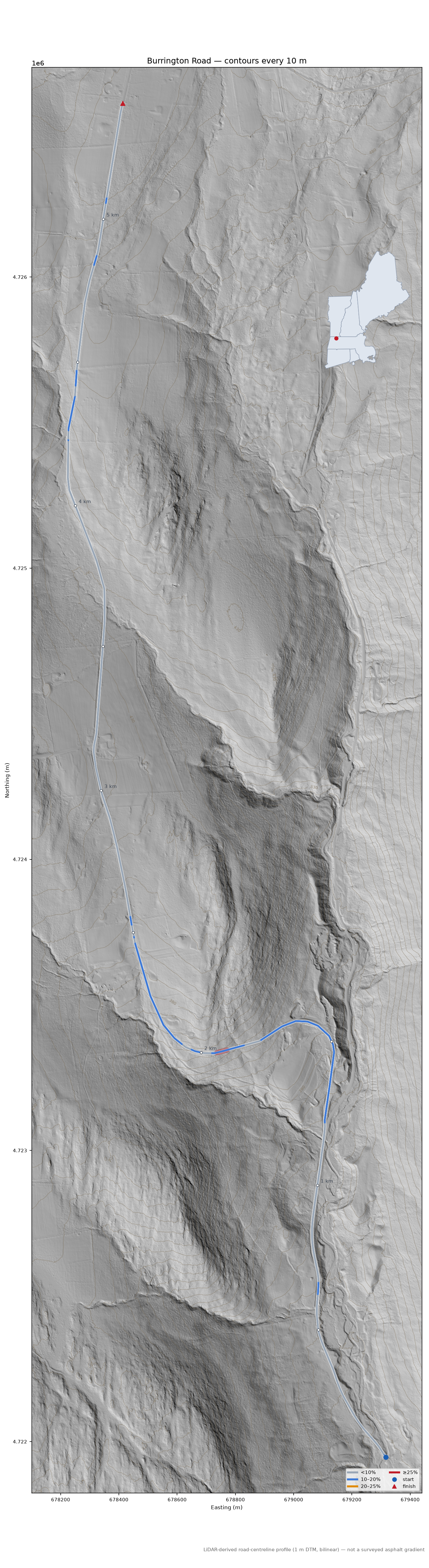 Burrington Road LiDAR hillshade map with contours