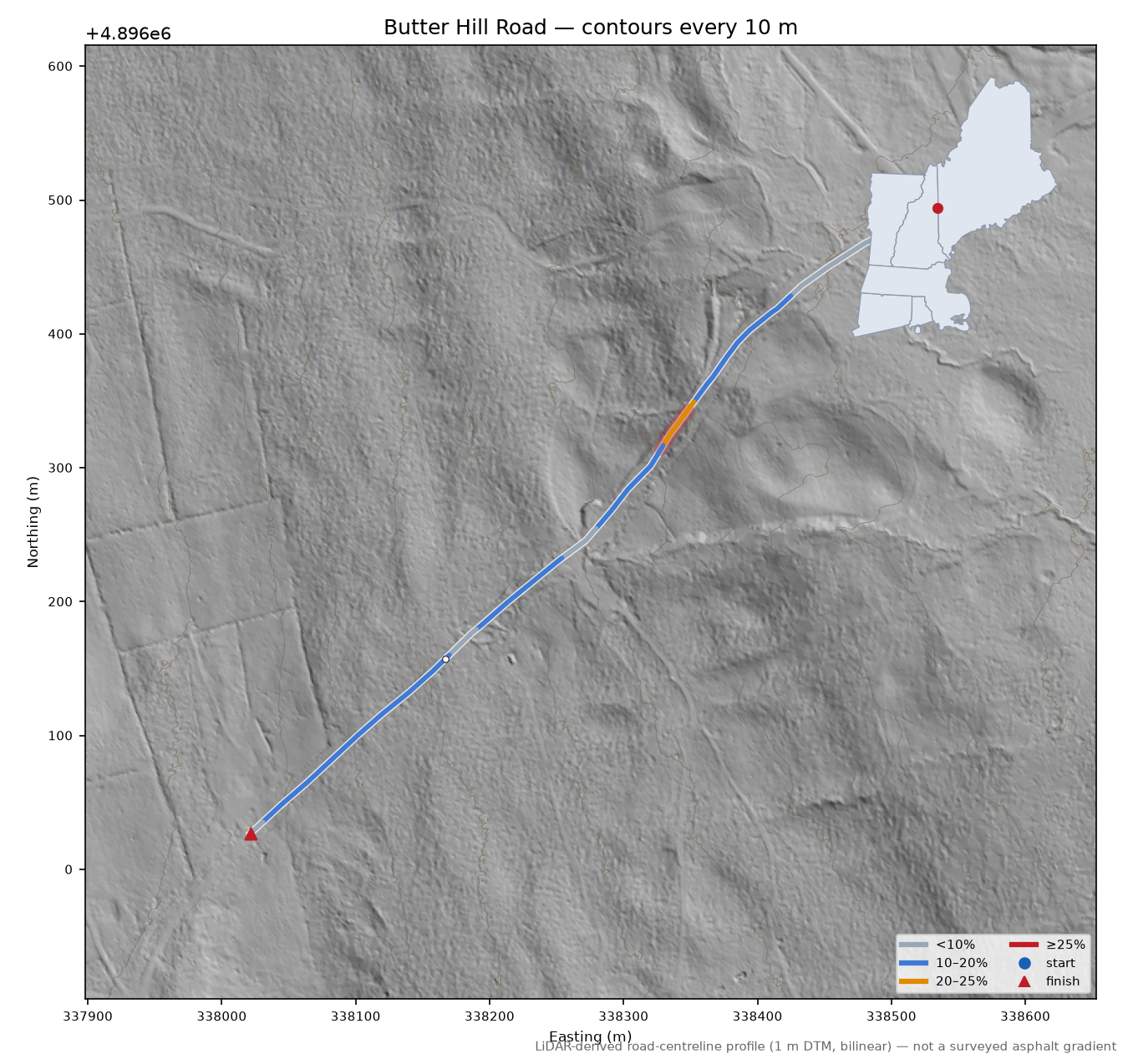 Butter Hill Road LiDAR hillshade map with contours
