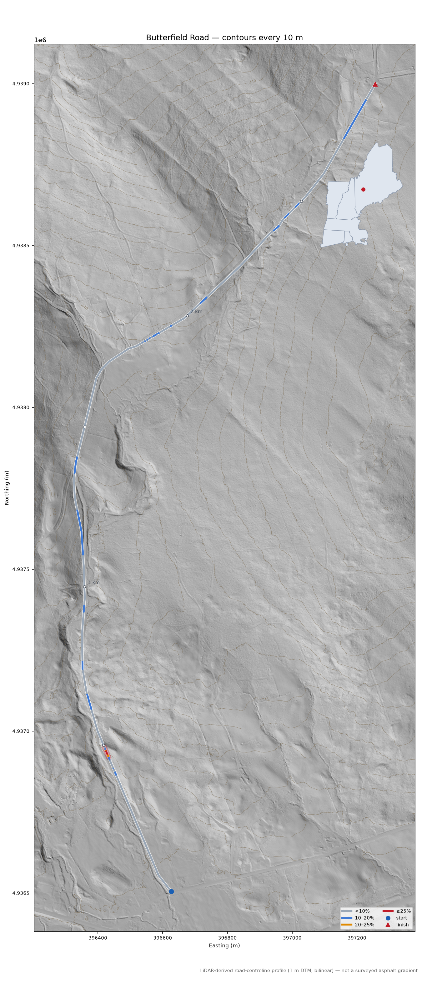 Butterfield Road LiDAR hillshade map with contours