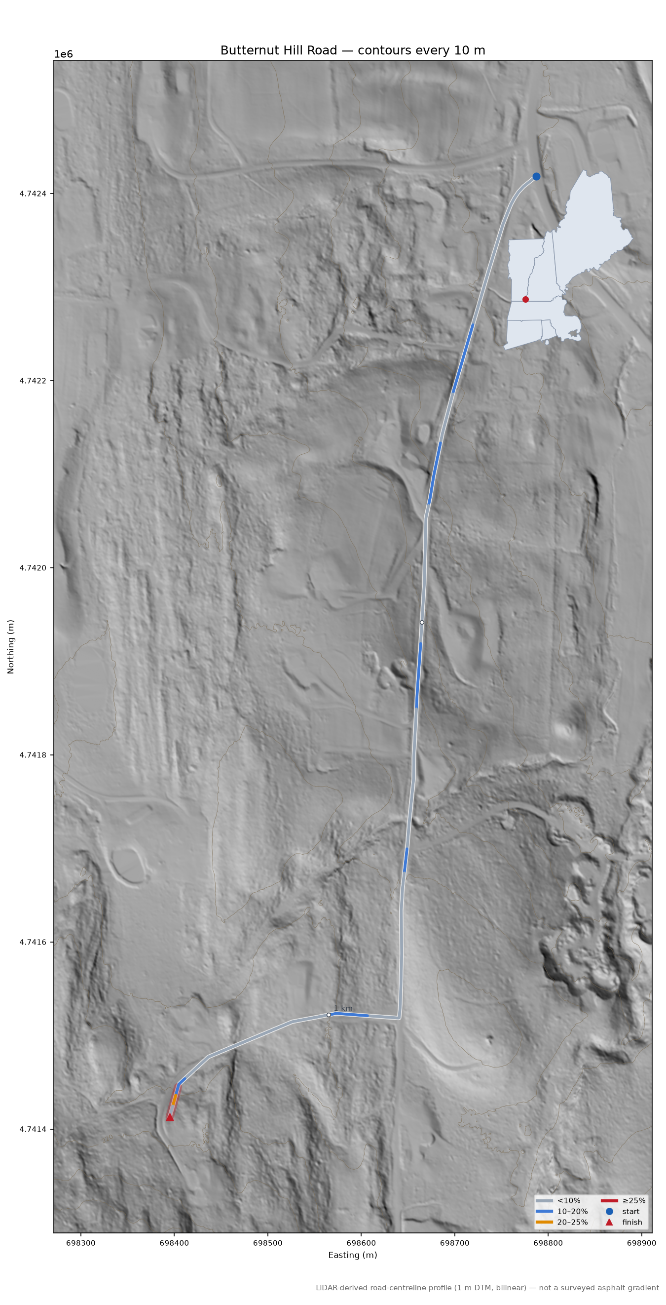 Butternut Hill Road LiDAR hillshade map with contours