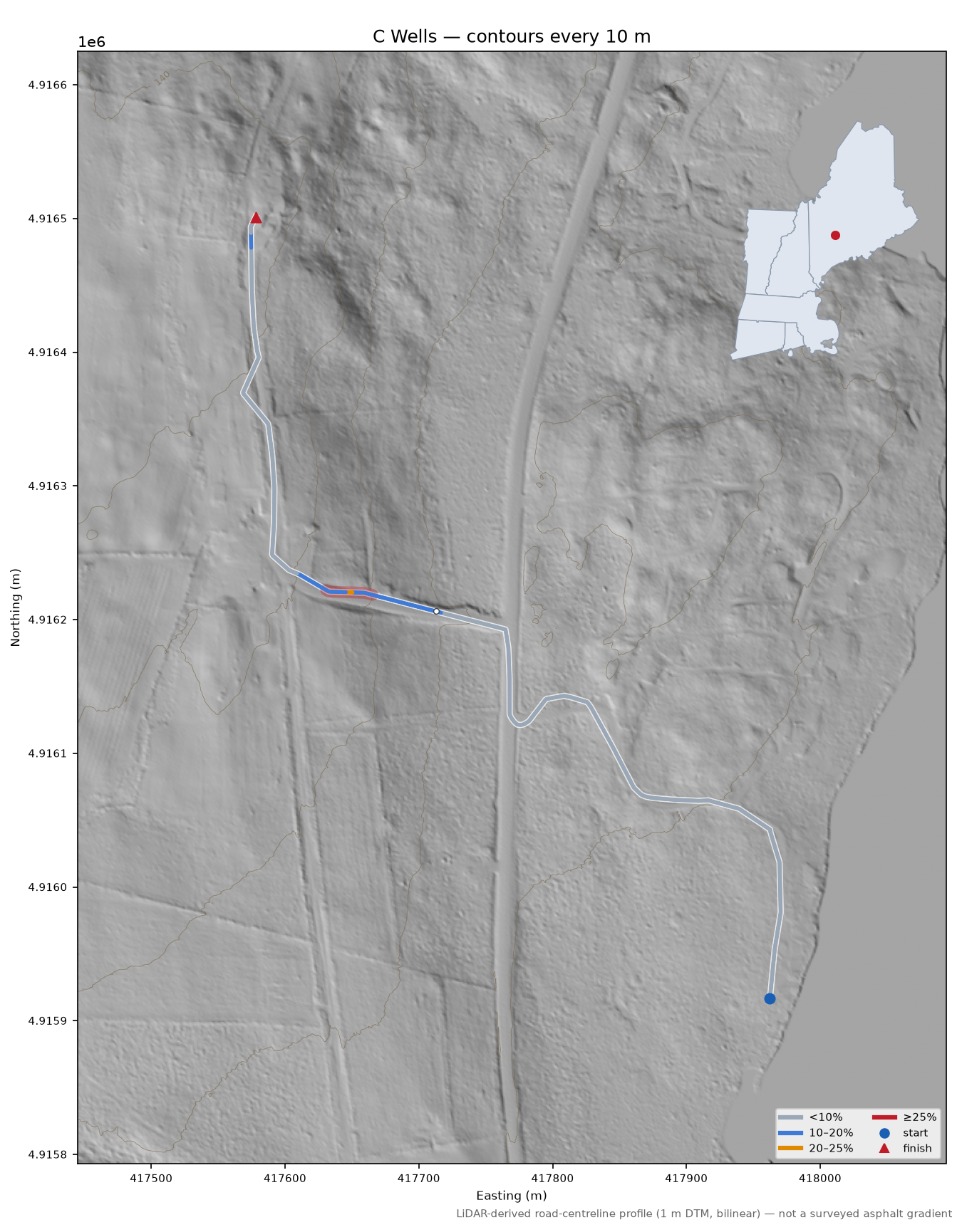 C Wells LiDAR hillshade map with contours