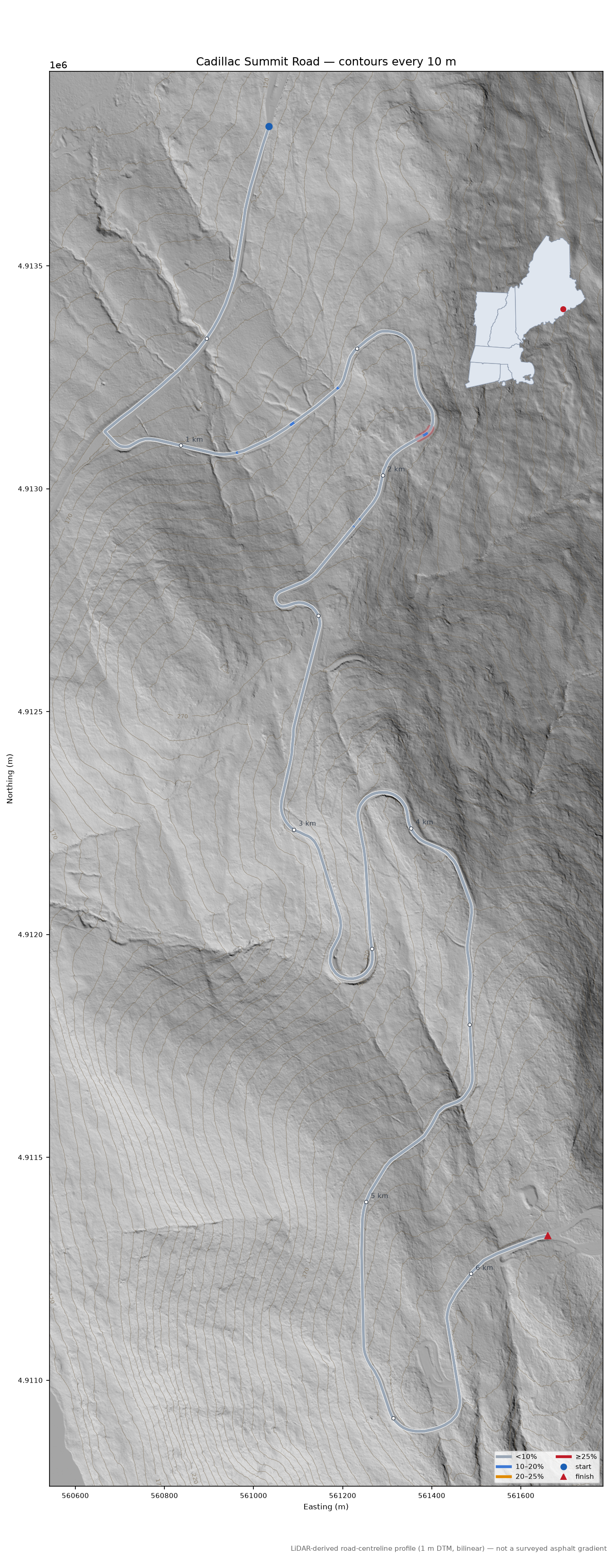 Cadillac Summit Road LiDAR hillshade map with contours