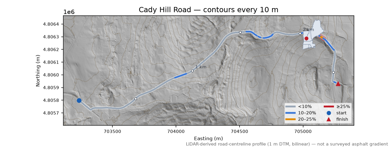 Cady Hill Road LiDAR hillshade map with contours
