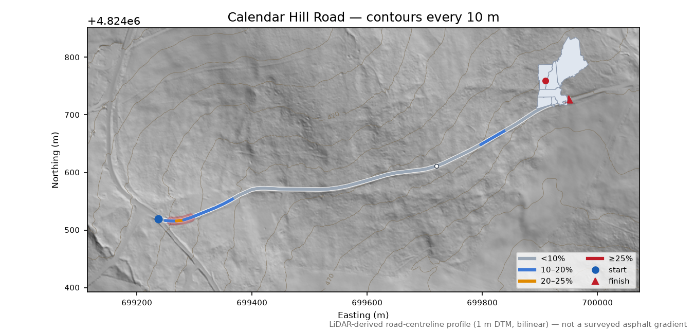 Calendar Hill Road LiDAR hillshade map with contours