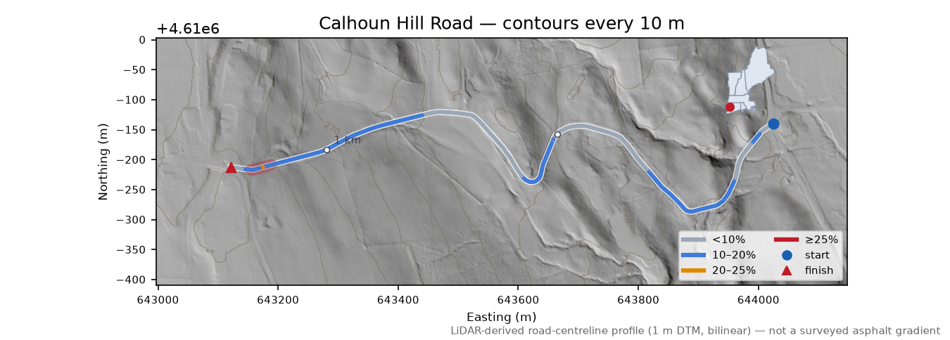 Calhoun Hill Road LiDAR hillshade map with contours