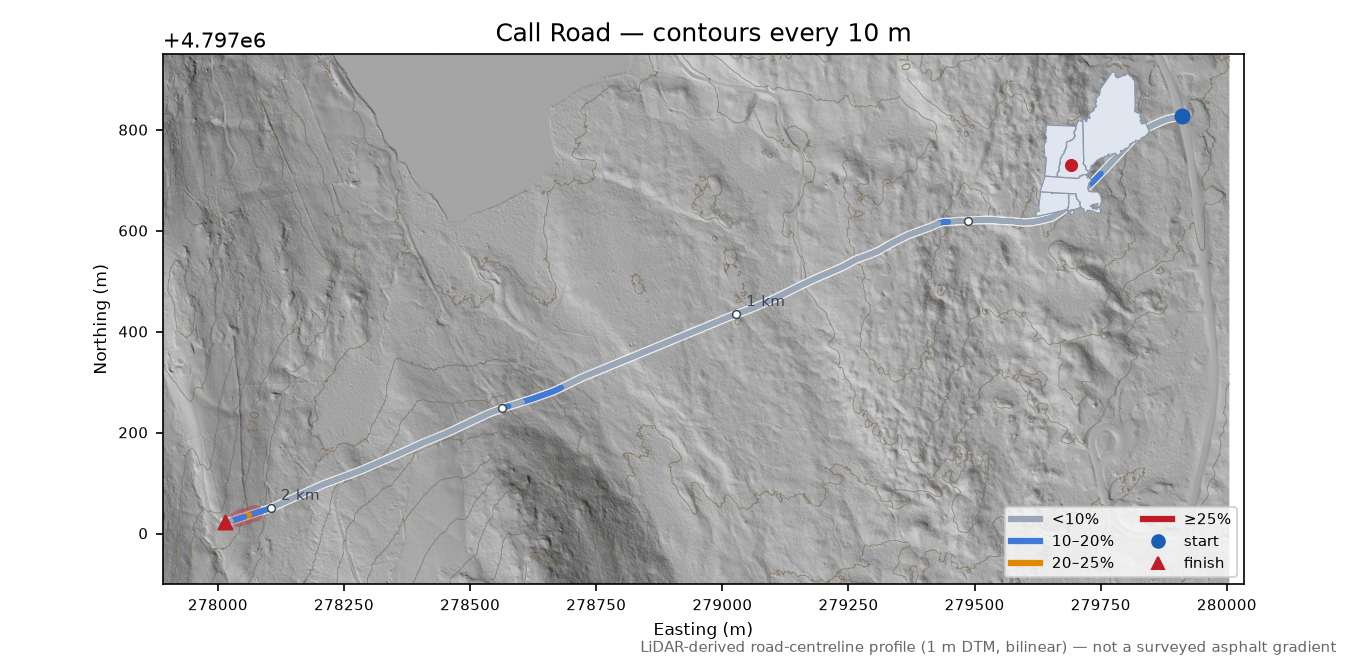 Call Road LiDAR hillshade map with contours