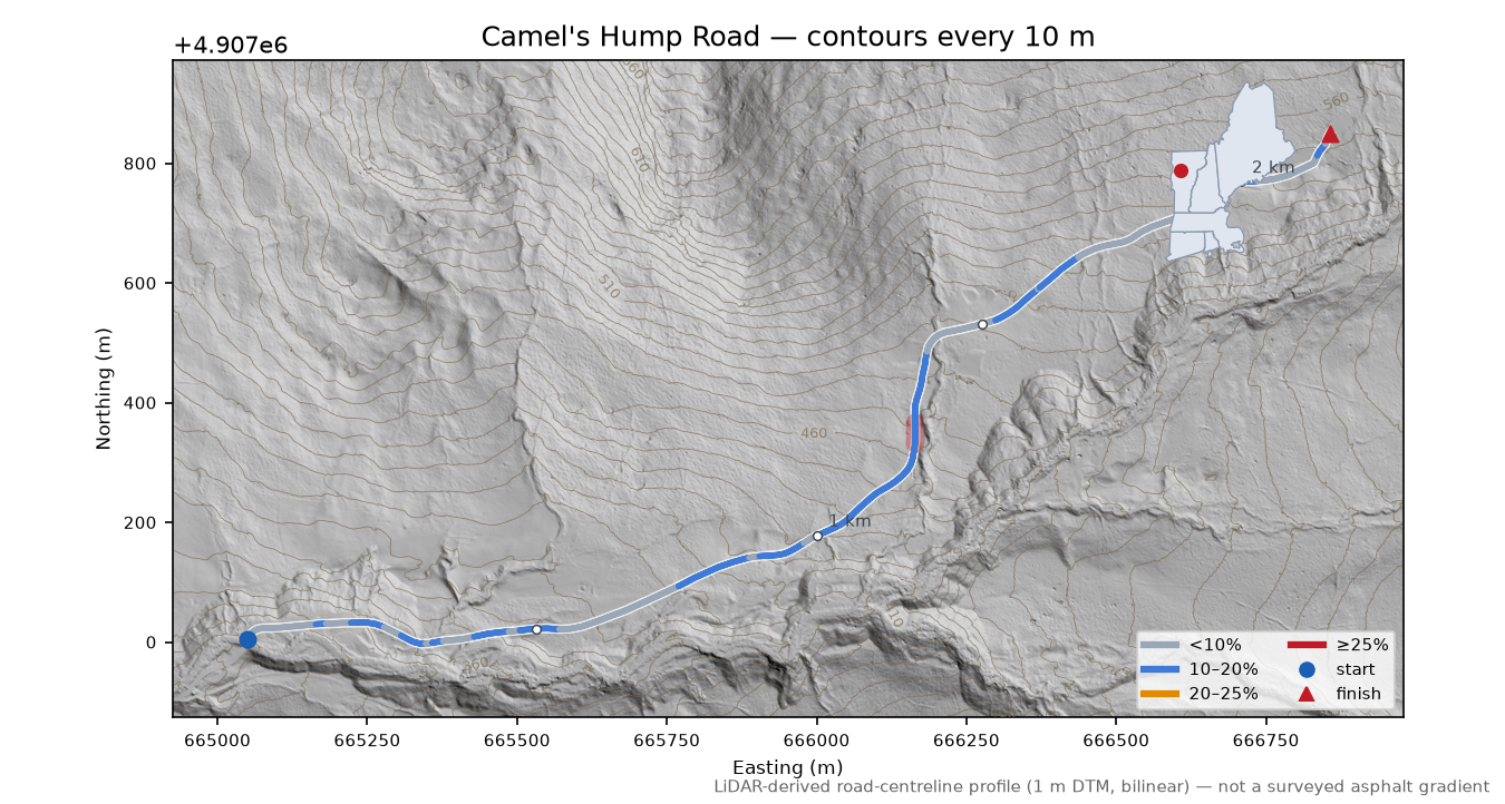 Camel's Hump Road LiDAR hillshade map with contours