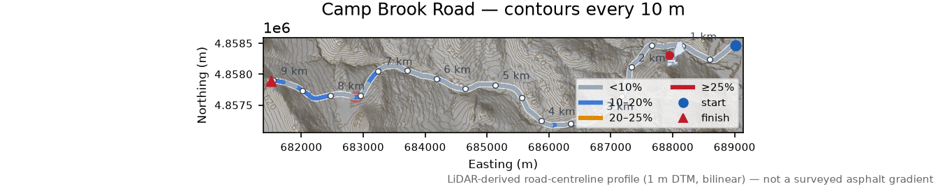 Camp Brook Road LiDAR hillshade map with contours