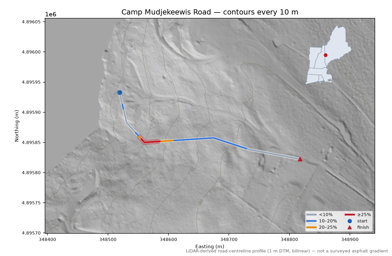 Camp Mudjekeewis Road LiDAR hillshade map with contours