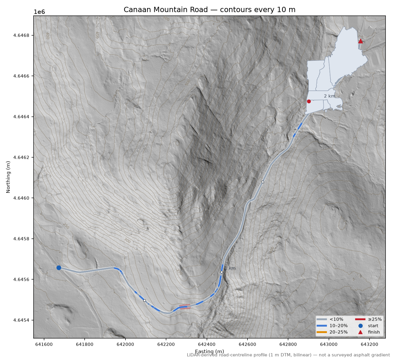Canaan Mountain Road LiDAR hillshade map with contours