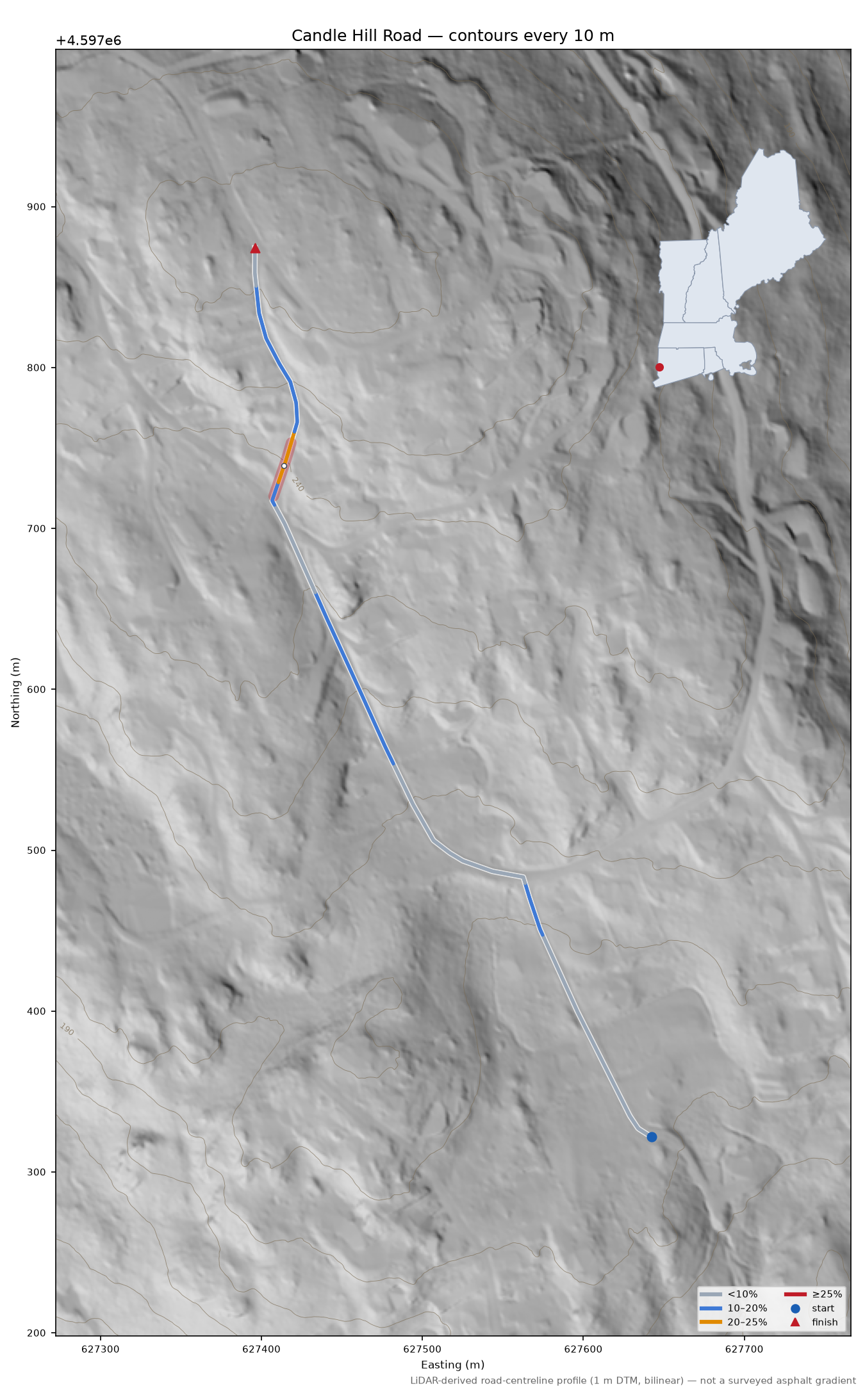 Candle Hill Road LiDAR hillshade map with contours