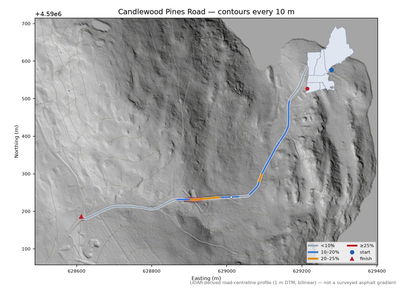 Candlewood Pines Road LiDAR hillshade map with contours