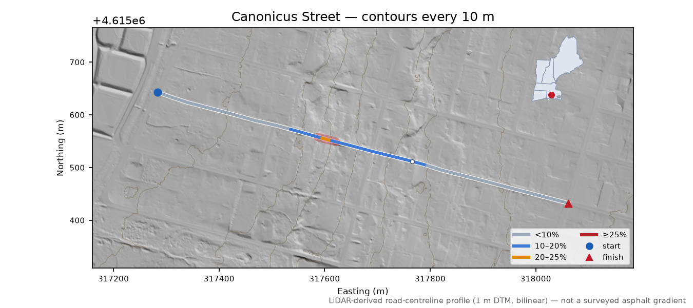 Canonicus Street LiDAR hillshade map with contours