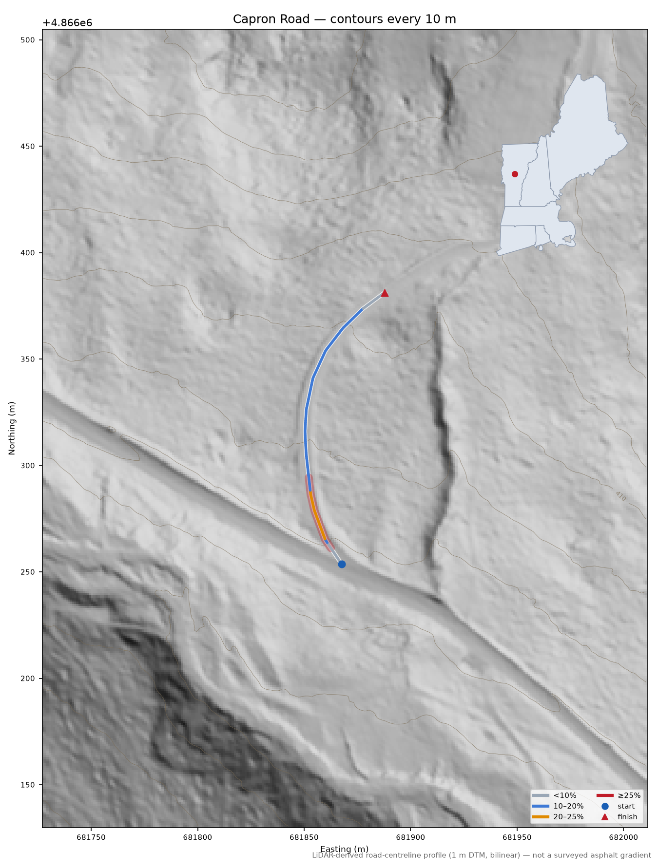 Capron Road LiDAR hillshade map with contours