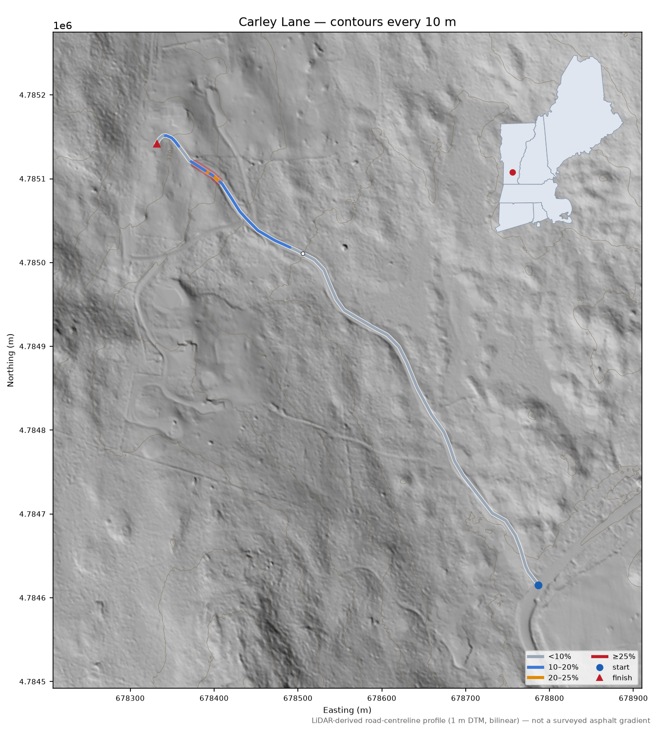 Carley Lane LiDAR hillshade map with contours