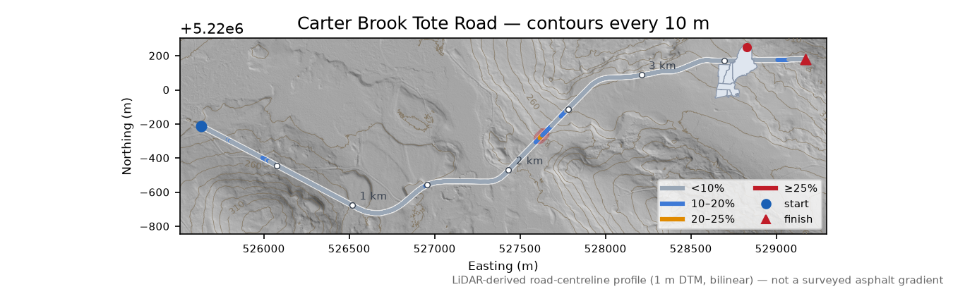 Carter Brook Tote Road LiDAR hillshade map with contours