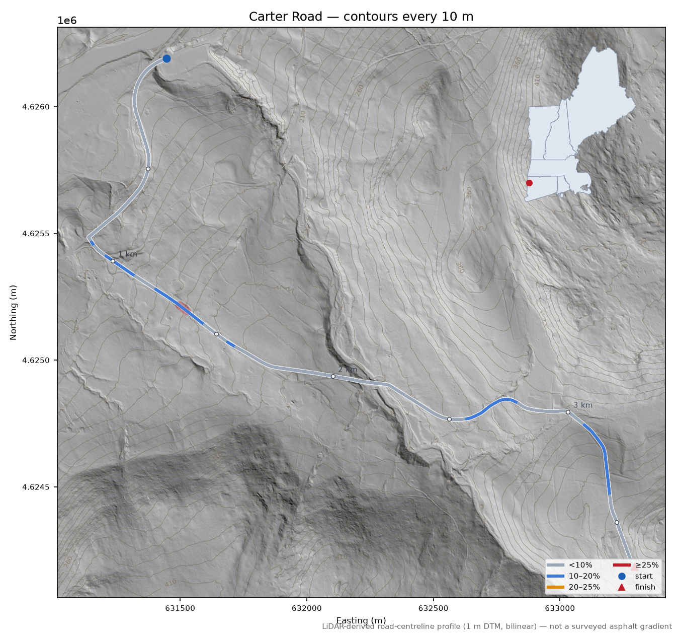 Carter Road LiDAR hillshade map with contours